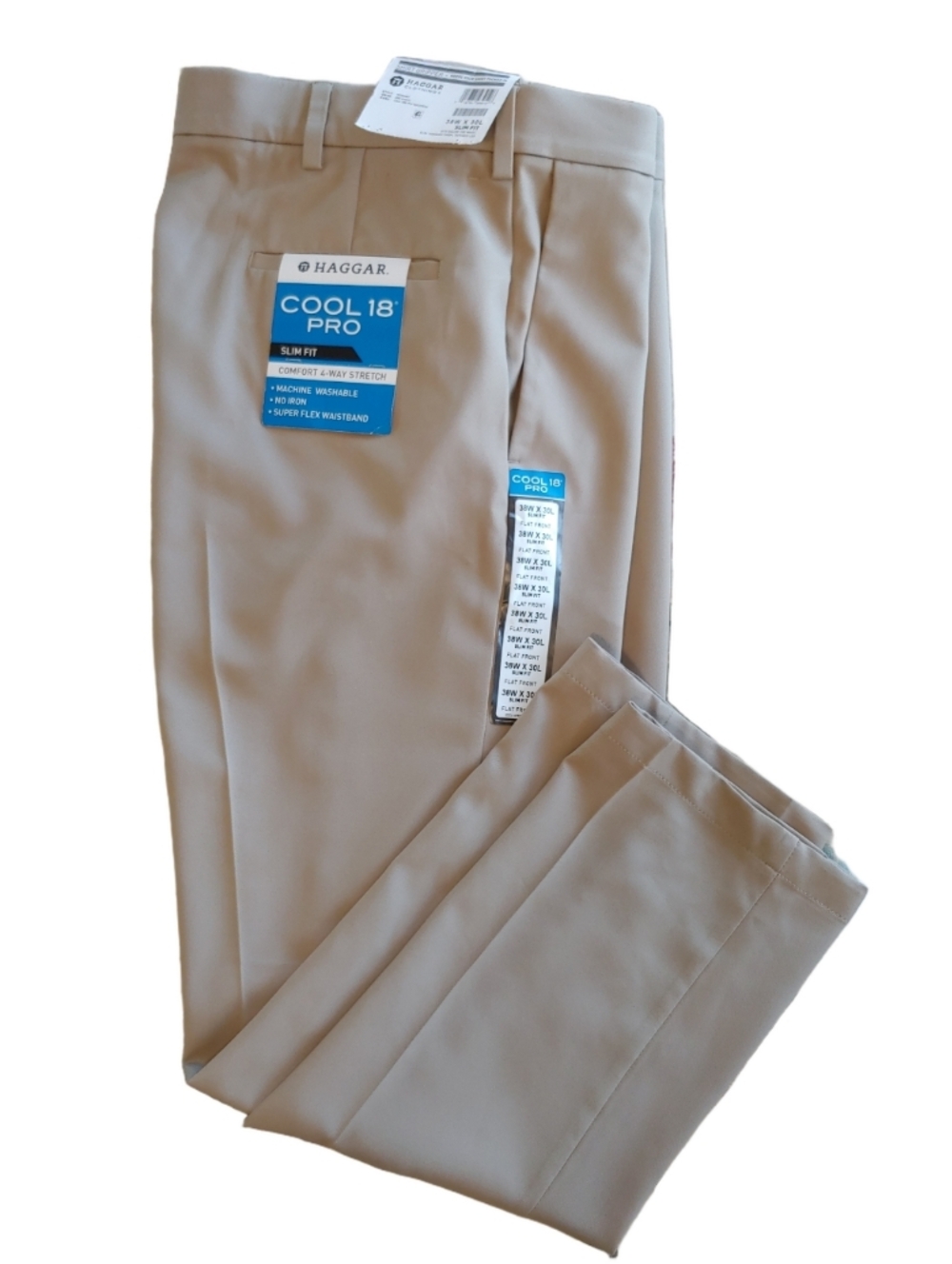 Haggar Cool 18 Pro Slim Fit Men's Khaki Pants 38Wx30L New NWT